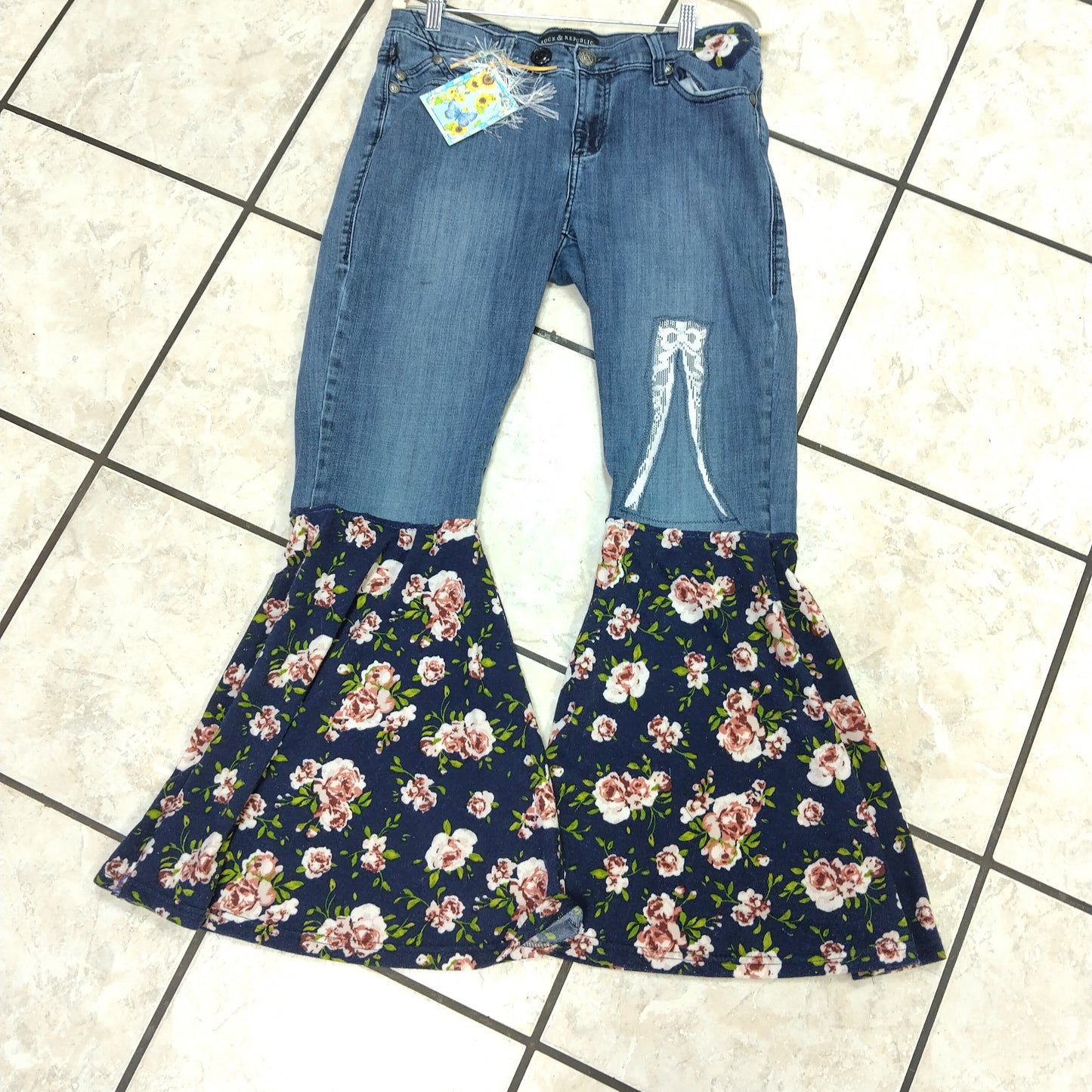Vintage Upcycled Floral Patchwork Rock Revival Bell Bottom Jeans - 1-of-1 Distressed Boho Flare Pants
