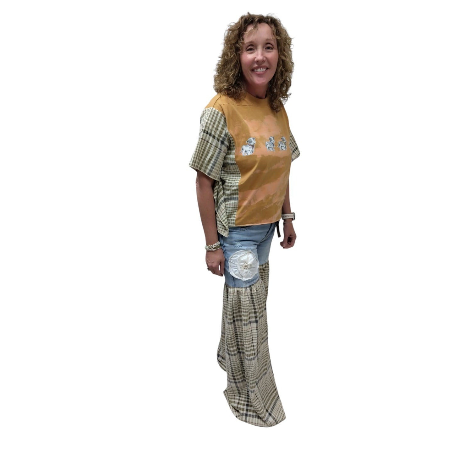 Upcycled Boho Festival Pants – Maurices Denim Top with Floral Wide-Leg Bottoms