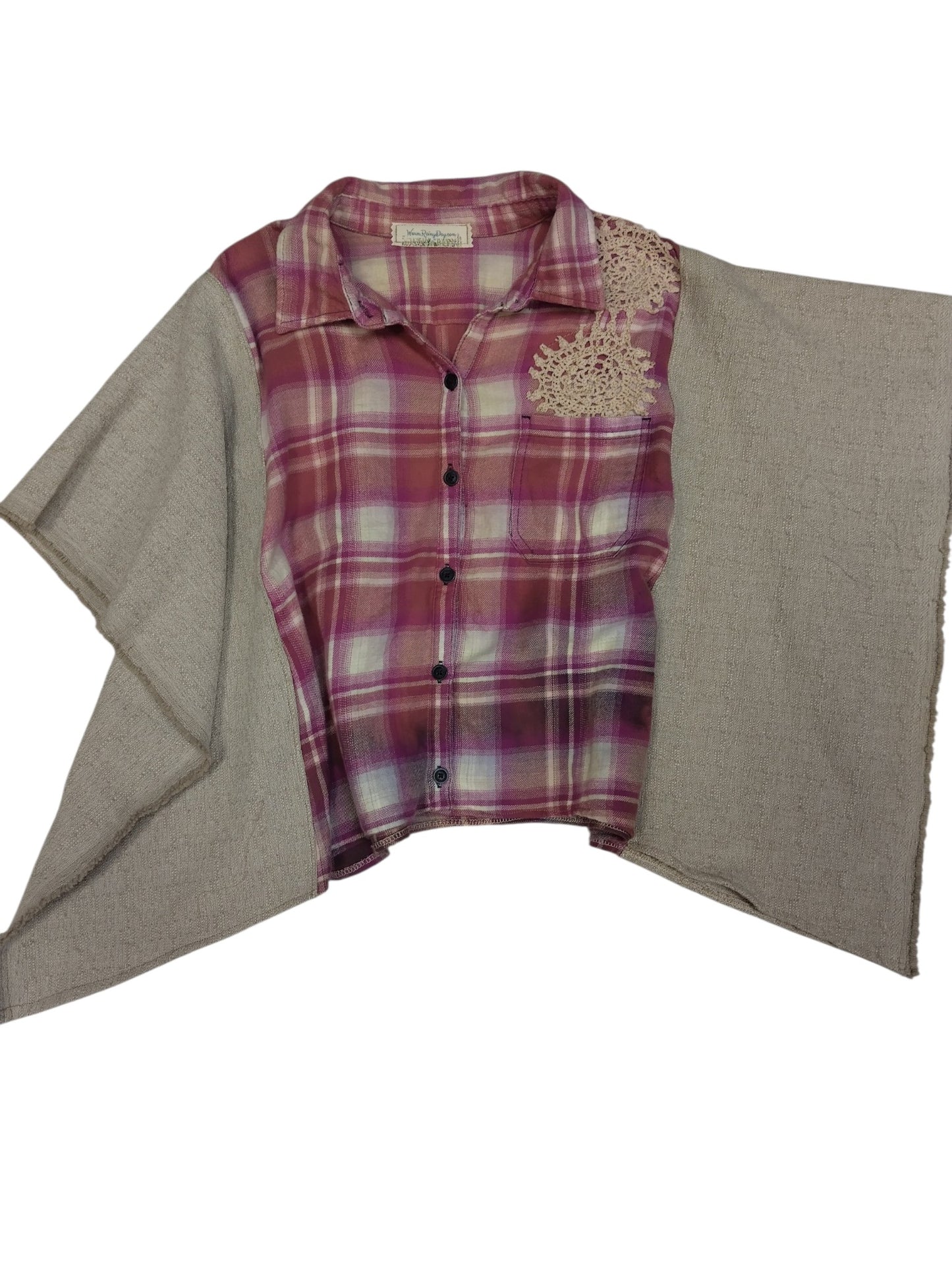 Upcycled Boho Flannel Shirt Jacket with Vintage Crochet Lace & Heart