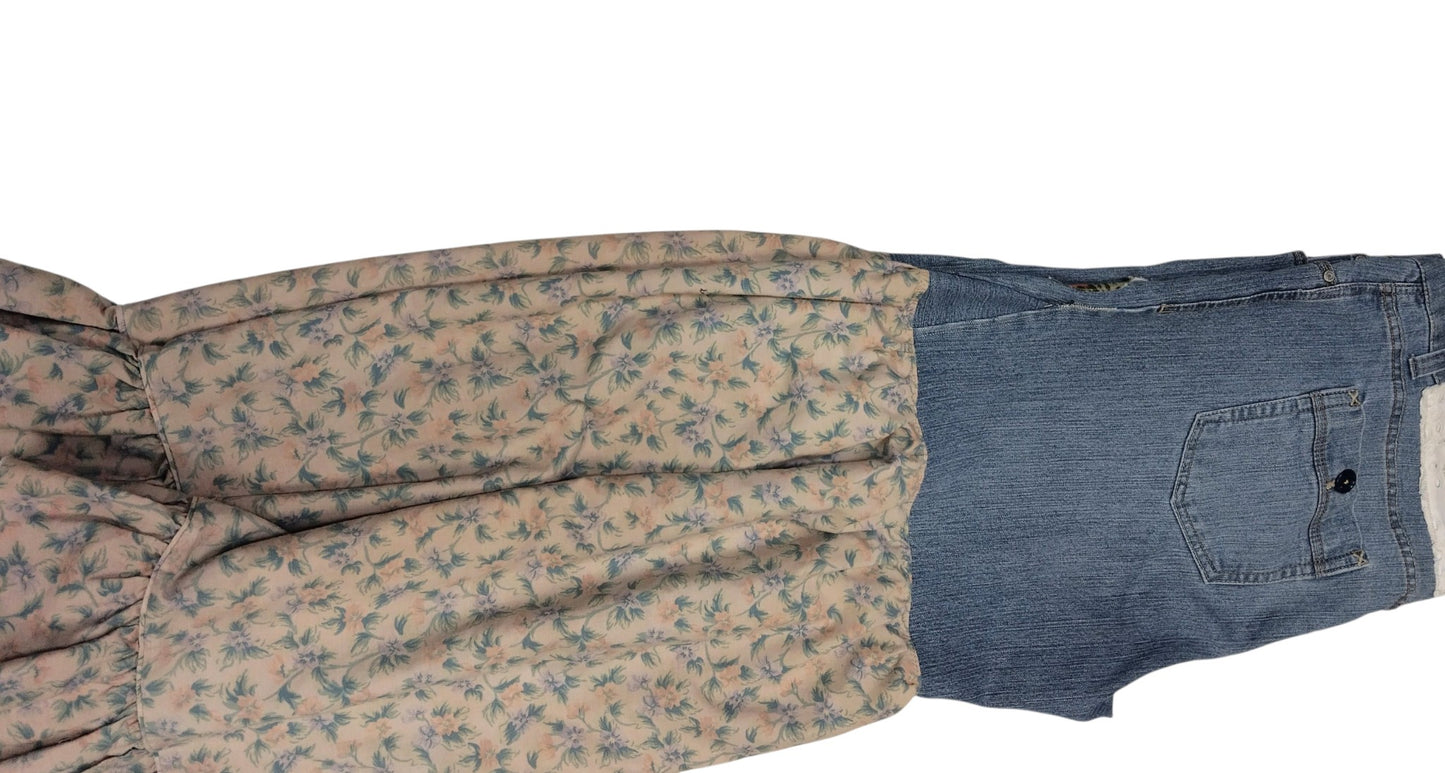 Upcycled Boho Festival Pants – Maurices Denim Top with Floral Wide-Leg Bottoms