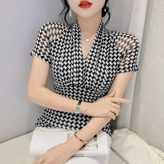 Houndstooth Bright Silk V-neck Short-sleeved T-shirt For Women