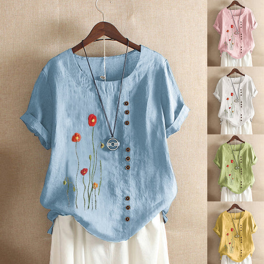 Embroidered Short Sleeved, Round Neckline Summer Blouse