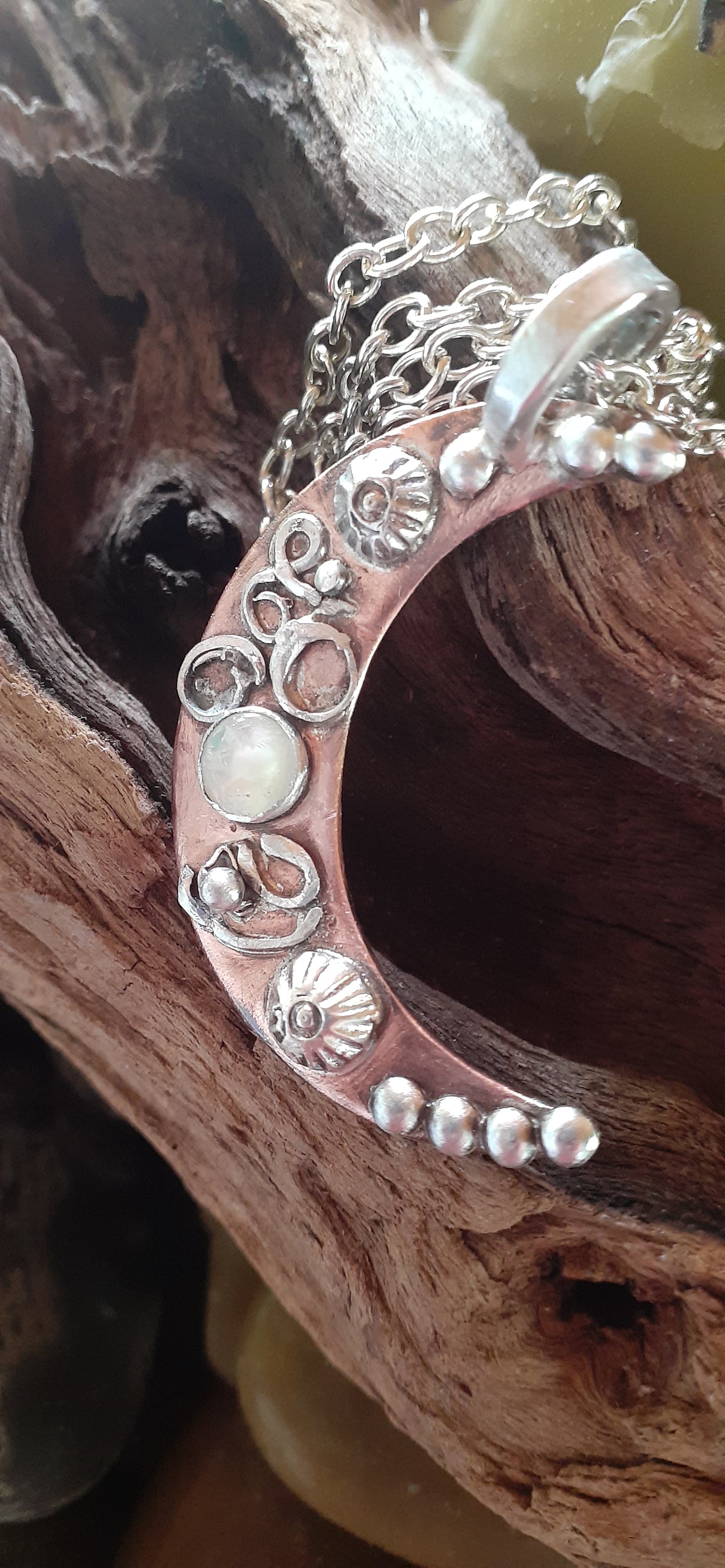 Mixed Metal Crescent Moon Pendant - WarmRainyDay