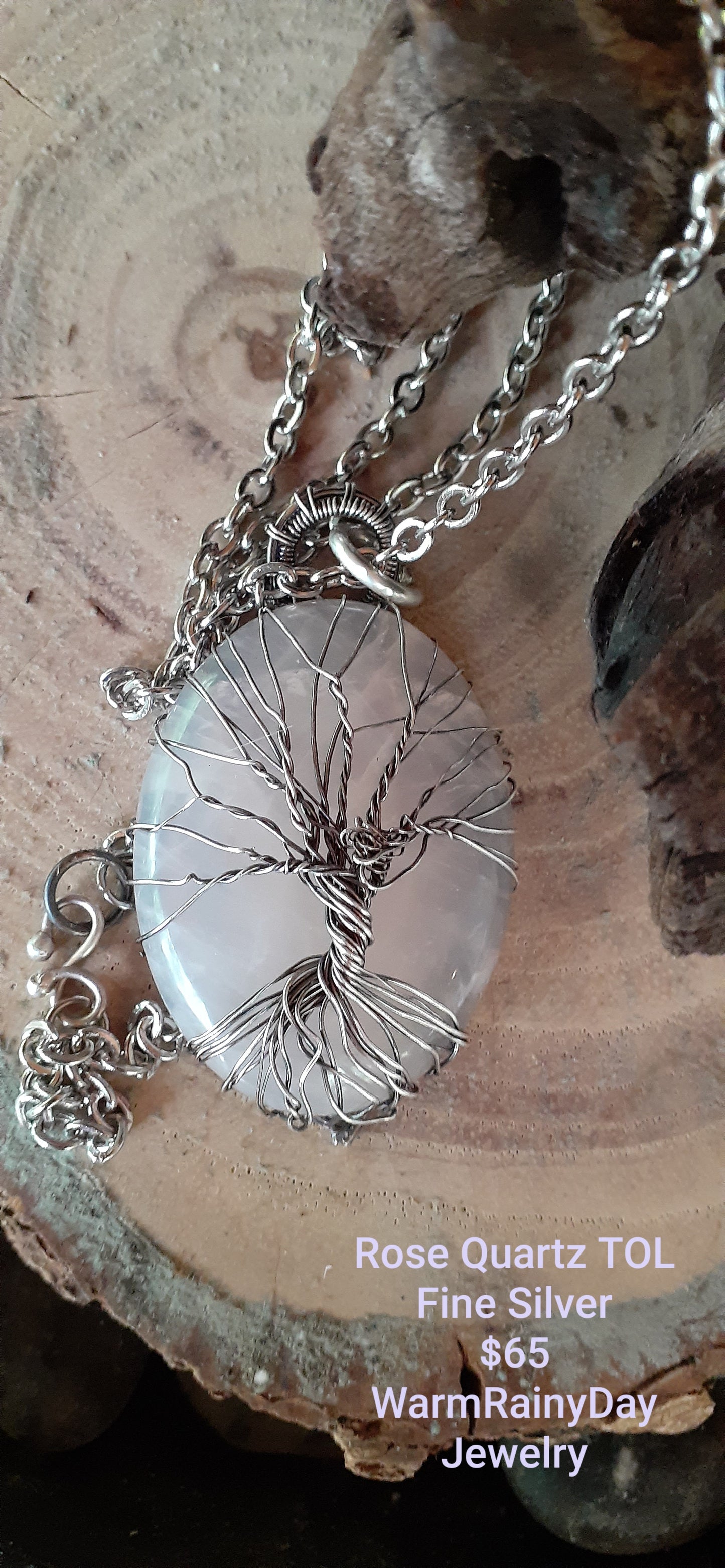 Rose Quartz Silver wire Tree of Life - WarmRainyDay