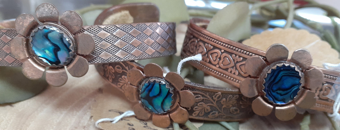 Three Copper Flower Cuffs, Abalone Shell |WRD - WarmRainyDay
