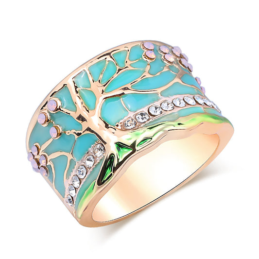 Fashion Flower Tree Ring Gold Pink Opal Green Enamel Ring Vintage Style