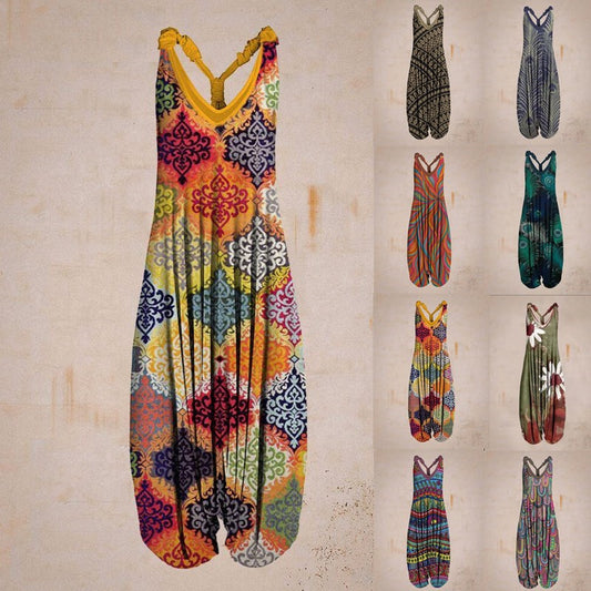 Printed Loose Large Size Haren Pants Beach Suspender Jumpsuit