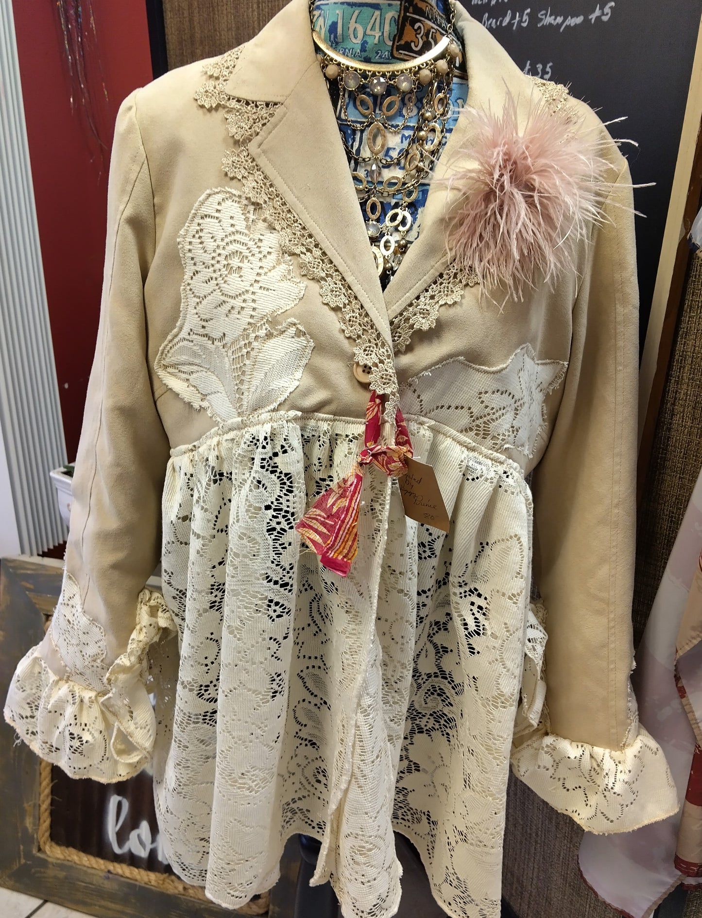 One-of-a-Kind Upcycled Romantic Lace & Suede-Feel Babydoll Jacket
