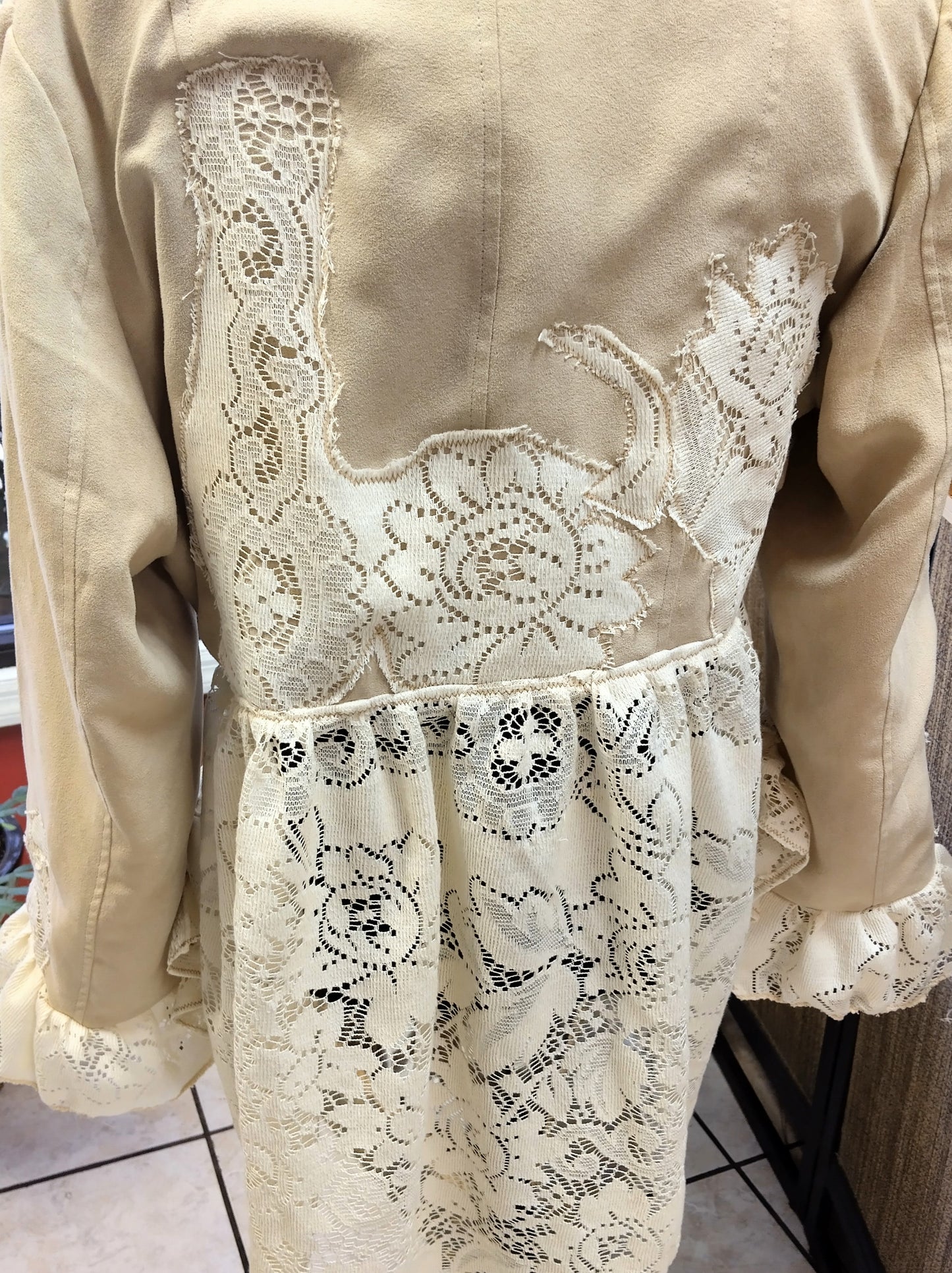 One-of-a-Kind Upcycled Romantic Lace & Suede-Feel Babydoll Jacket
