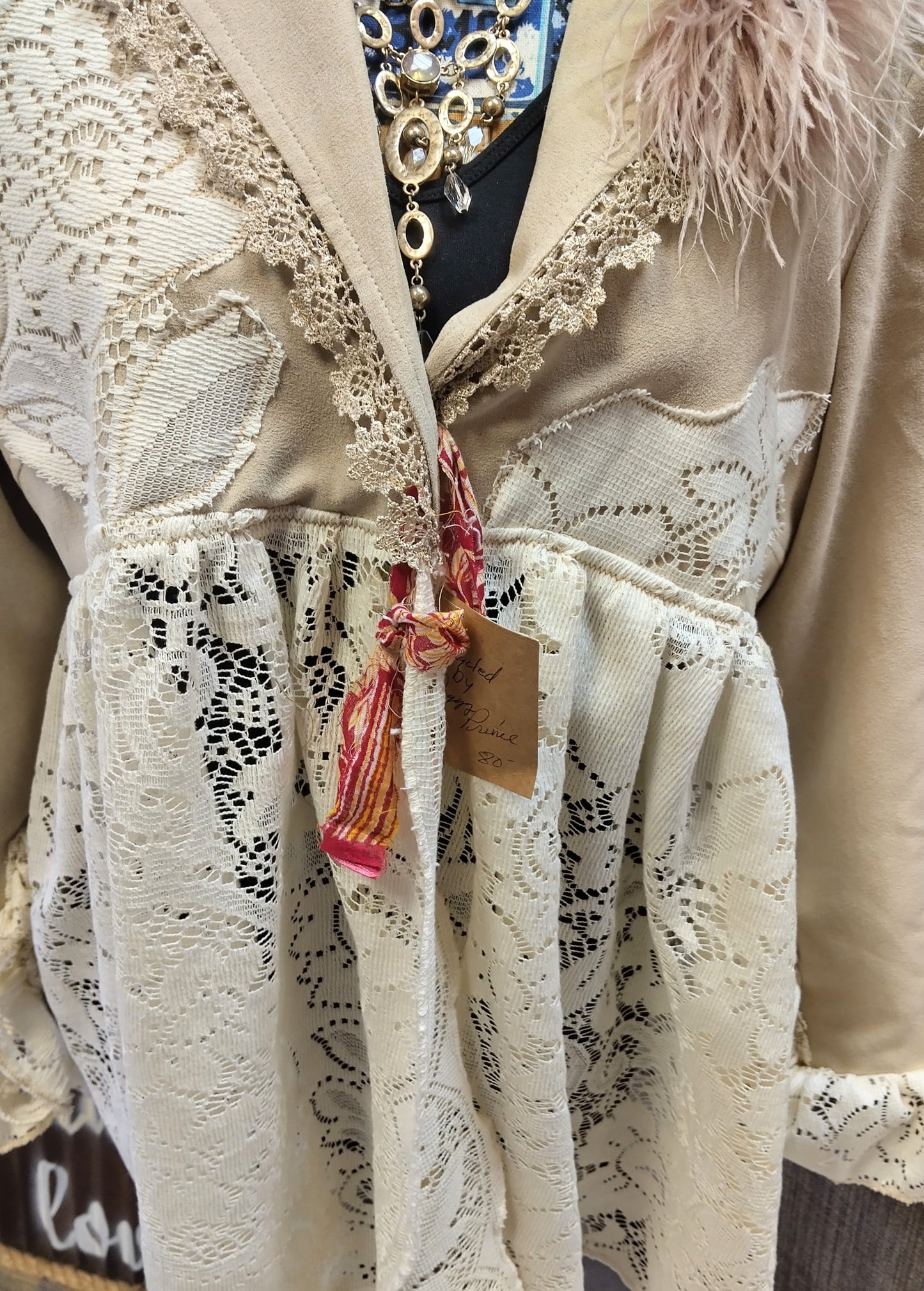 One-of-a-Kind Upcycled Romantic Lace & Suede-Feel Babydoll Jacket