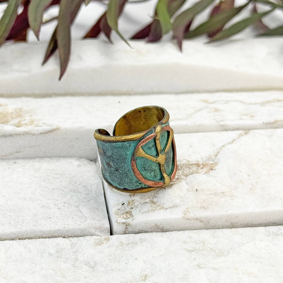 Handcrafted Verdigris Peace Sign Brass Patina Ring by ANJU