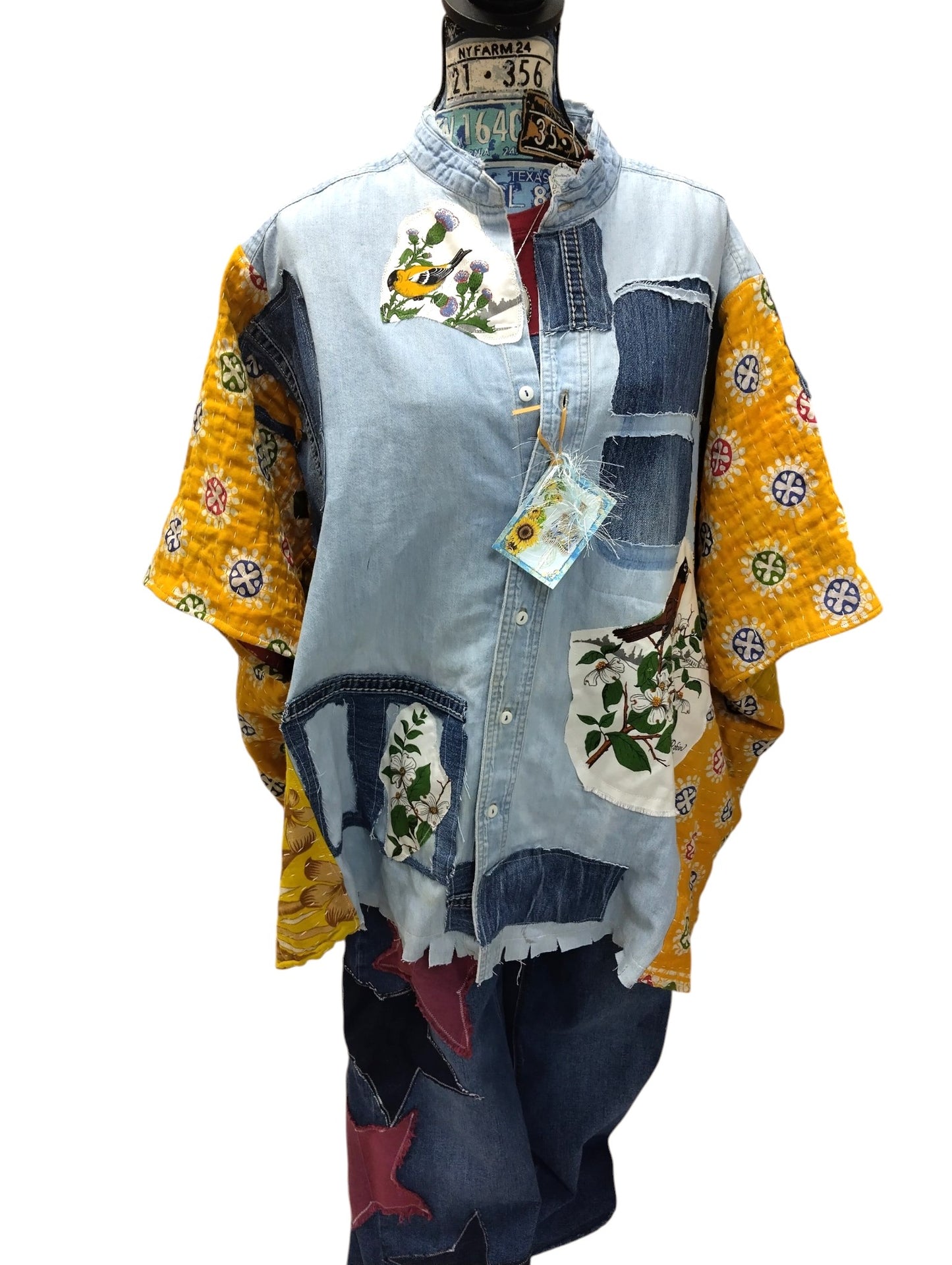 Vintage Upcycled Denim Patchwork Statement Poncho - Handmade 1-of-1 Boho Boutique Jacket