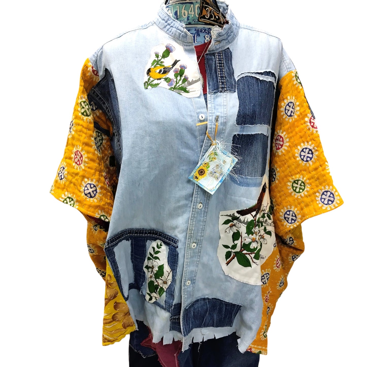 Vintage Upcycled Denim Patchwork Statement Poncho - Handmade 1-of-1 Boho Boutique Jacket
