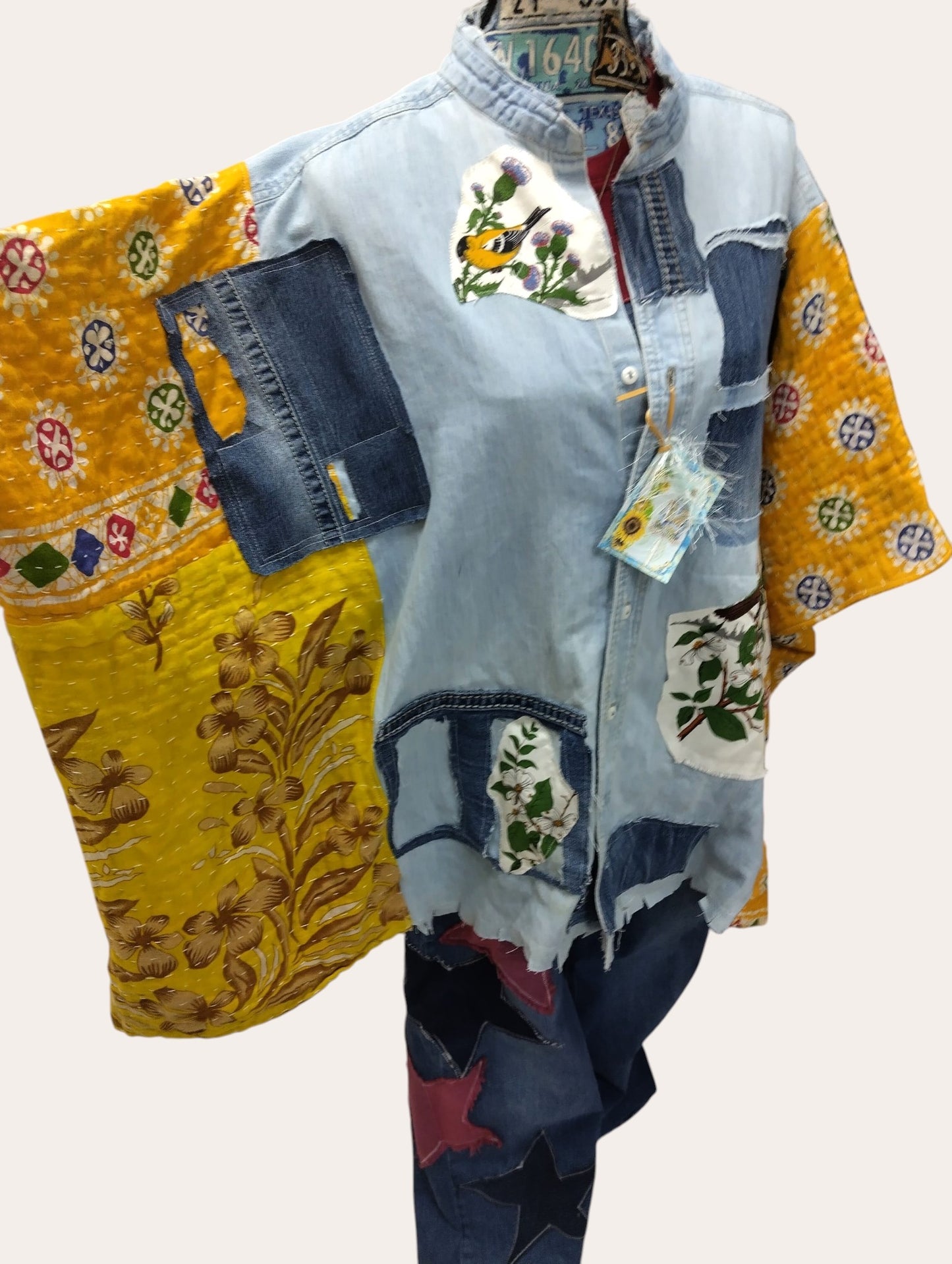 Vintage Upcycled Denim Patchwork Statement Poncho - Handmade 1-of-1 Boho Boutique Jacket