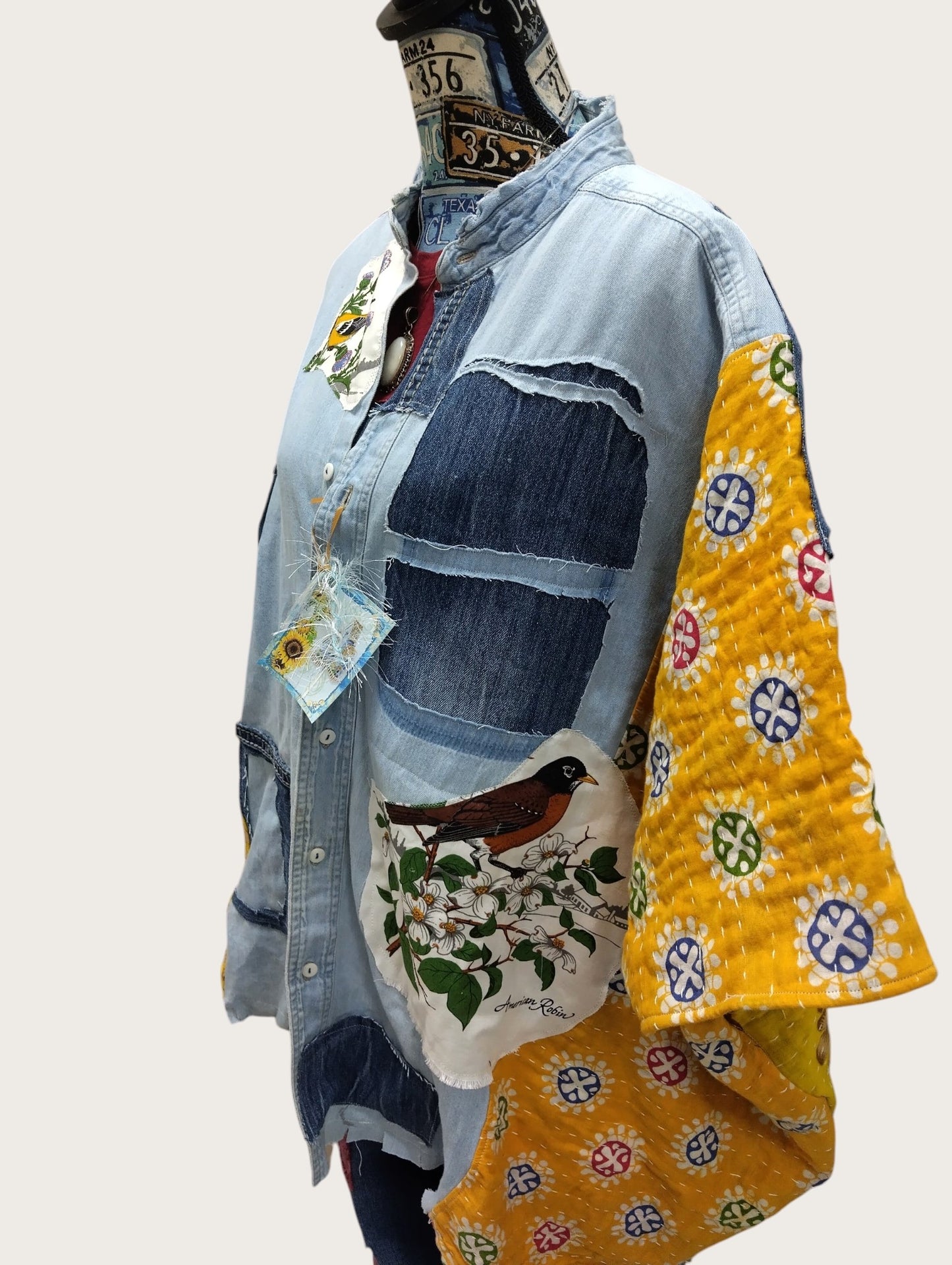 Vintage Upcycled Denim Patchwork Statement Poncho - Handmade 1-of-1 Boho Boutique Jacket