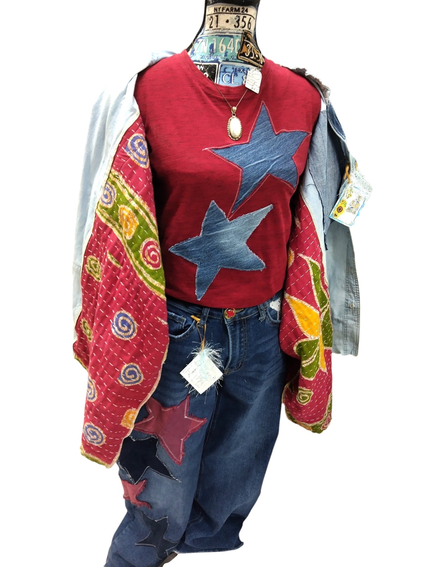Vintage Upcycled Denim Patchwork Statement Poncho - Handmade 1-of-1 Boho Boutique Jacket