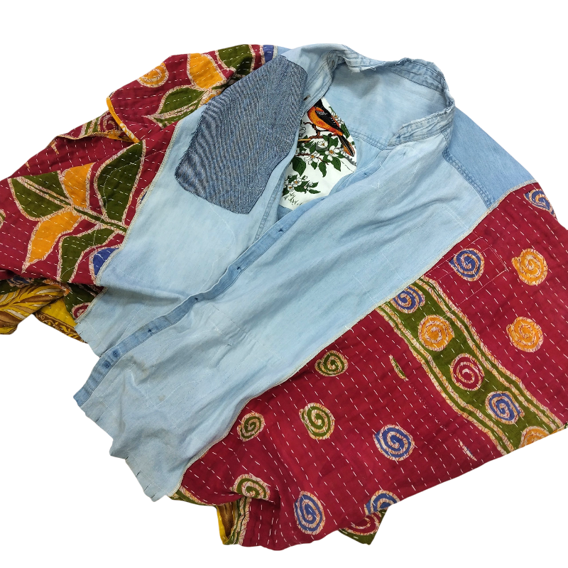 Vintage Upcycled Denim Patchwork Statement Poncho - Handmade 1-of-1 Boho Boutique Jacket