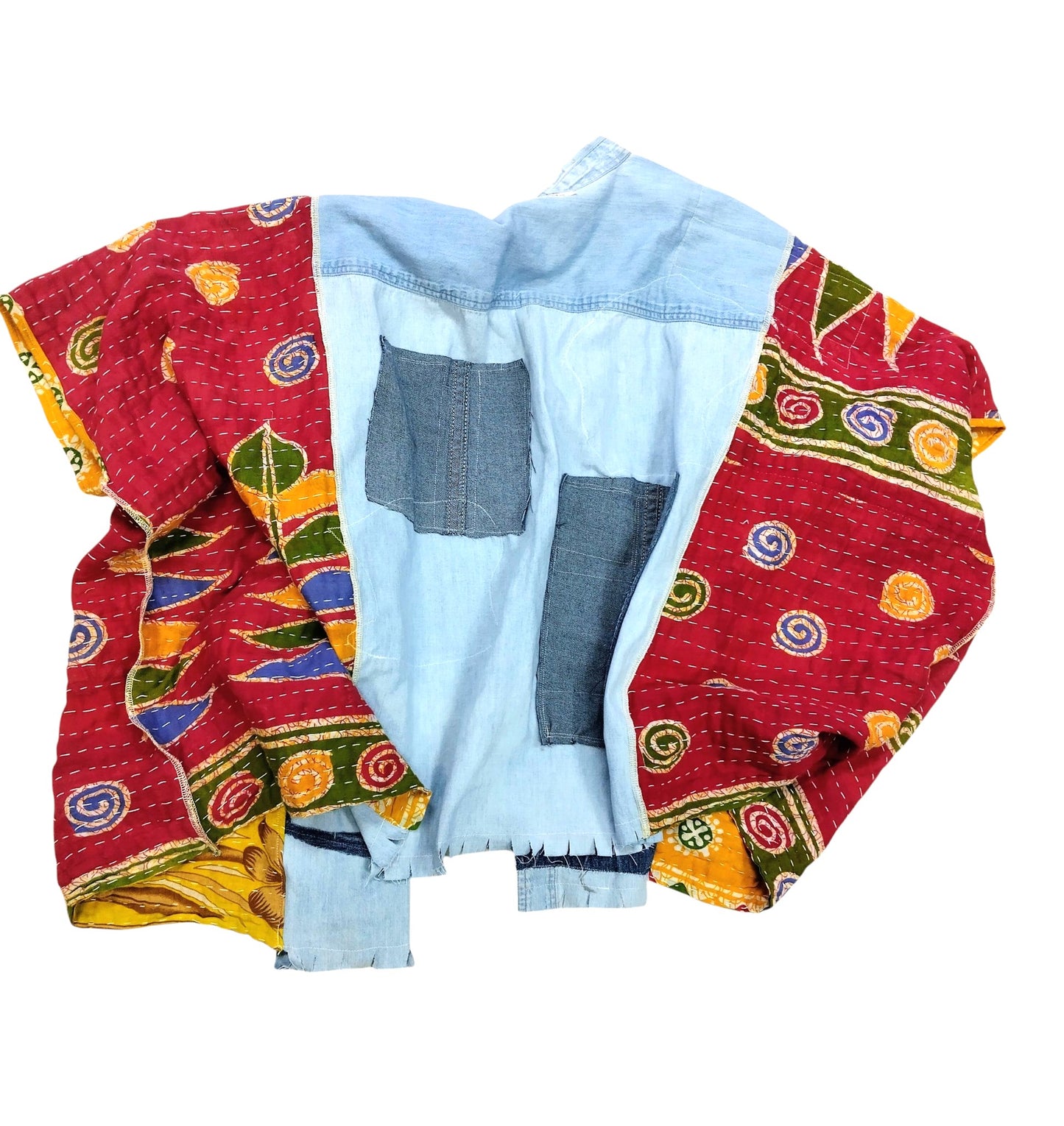 Vintage Upcycled Denim Patchwork Statement Poncho - Handmade 1-of-1 Boho Boutique Jacket