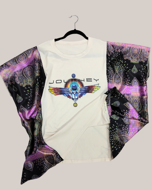 Custom Upcycled Journey Graphic Tee with Purple Paisley Batwing Sleeves