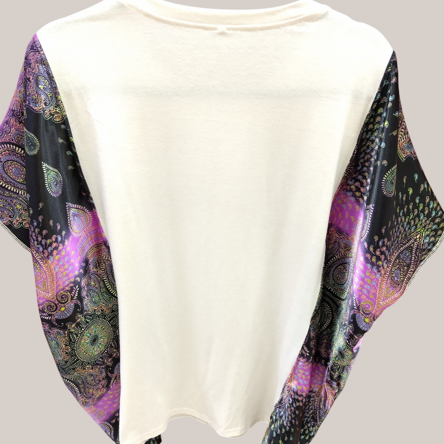 Custom Upcycled Journey Graphic Tee with Purple Paisley Batwing Sleeves