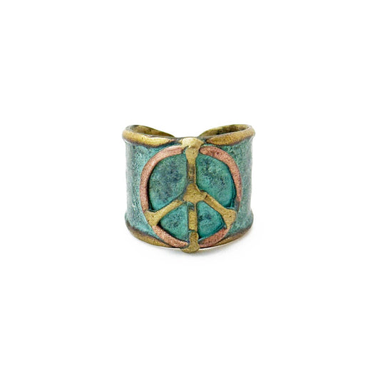 Handcrafted Verdigris Peace Sign Brass Patina Ring by ANJU