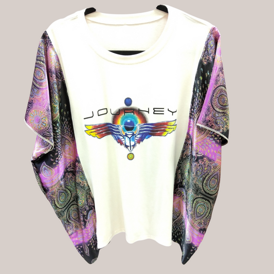 Custom Upcycled Journey Graphic Tee with Purple Paisley Batwing Sleeves