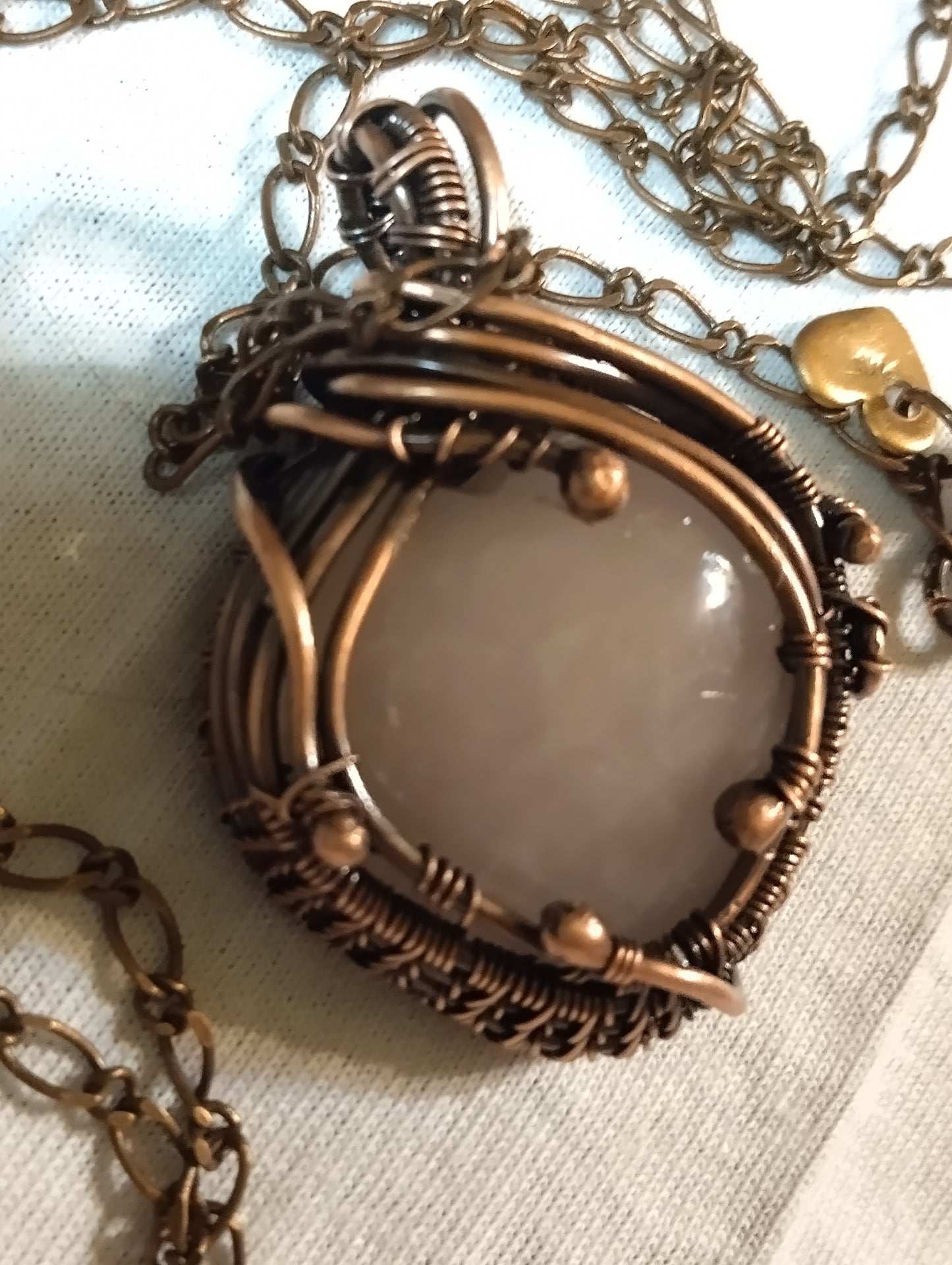 My Puffy Heart Natural Rose Quartz Heart Wrap Copper Pendant