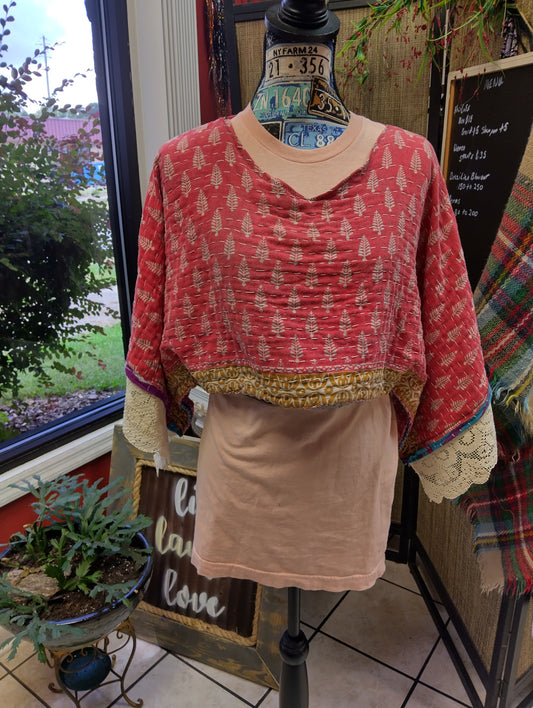 Reversible Upcycled Kantha Quilt Crop Poncho