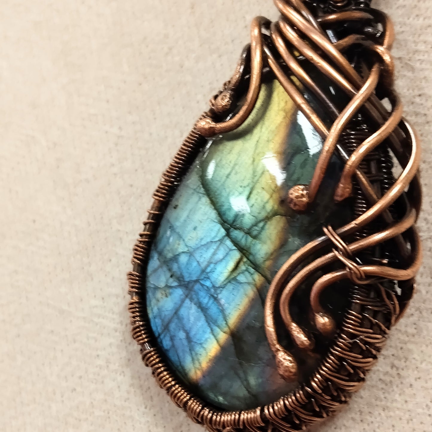 Labradorite Pendant Wrapped in a Woven Copper Bezel