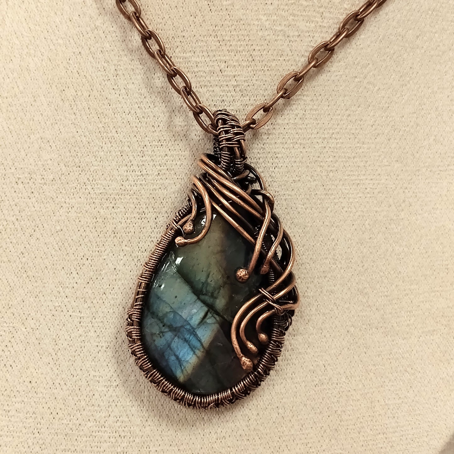 Labradorite Pendant Wrapped in a Woven Copper Bezel