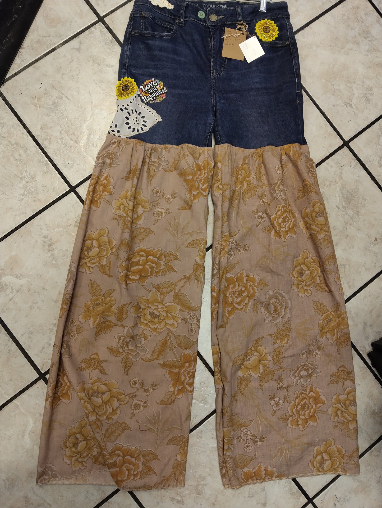 Upcycled Boho Festival Pants – Maurices Denim Top with Floral Wide-Leg Bottoms