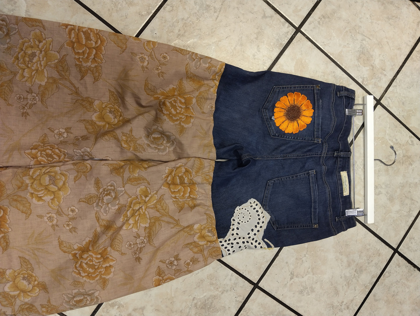 Upcycled Boho Festival Pants – Maurices Denim Top with Floral Wide-Leg Bottoms
