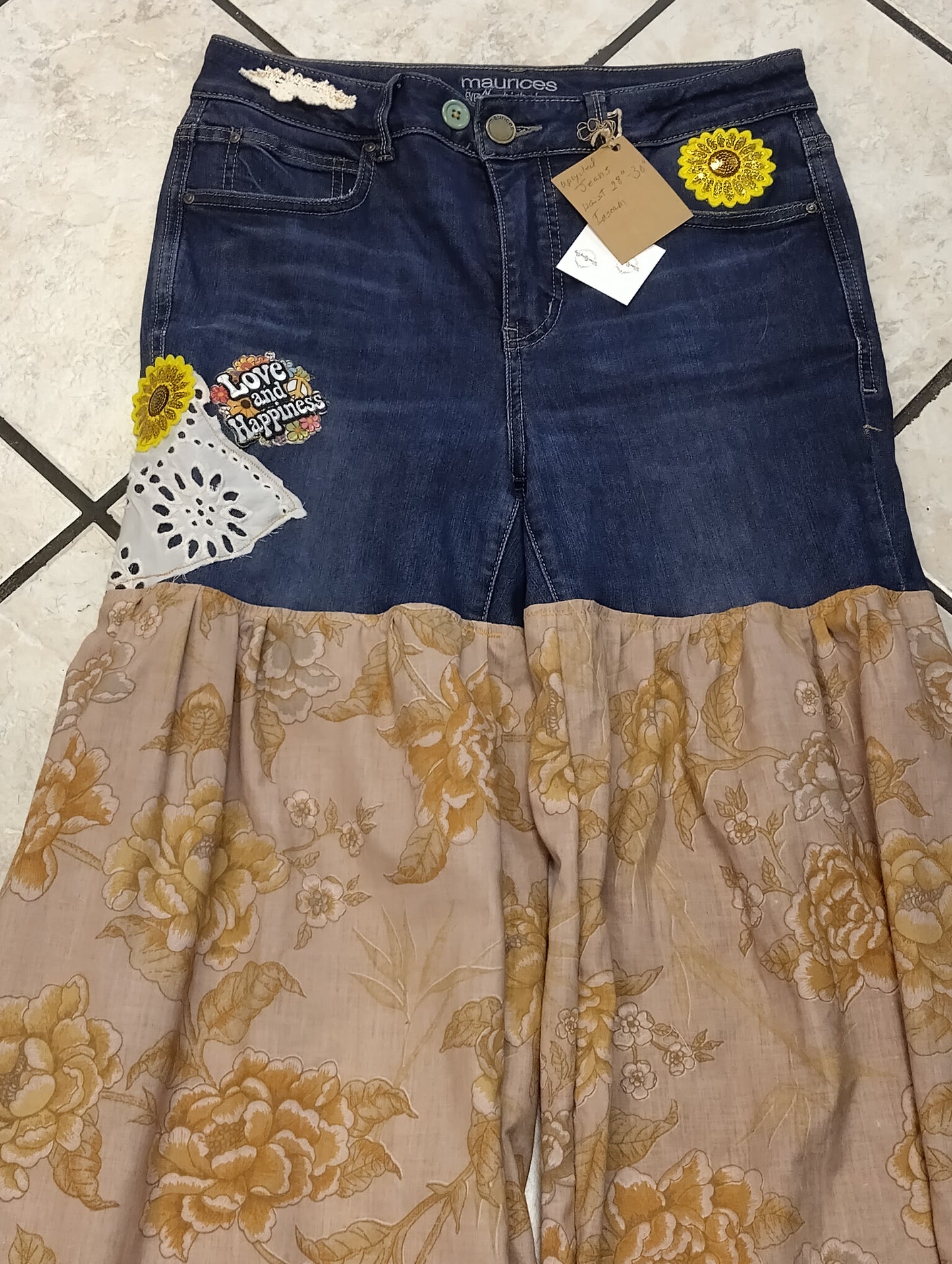Upcycled Boho Festival Pants – Maurices Denim Top with Floral Wide-Leg Bottoms