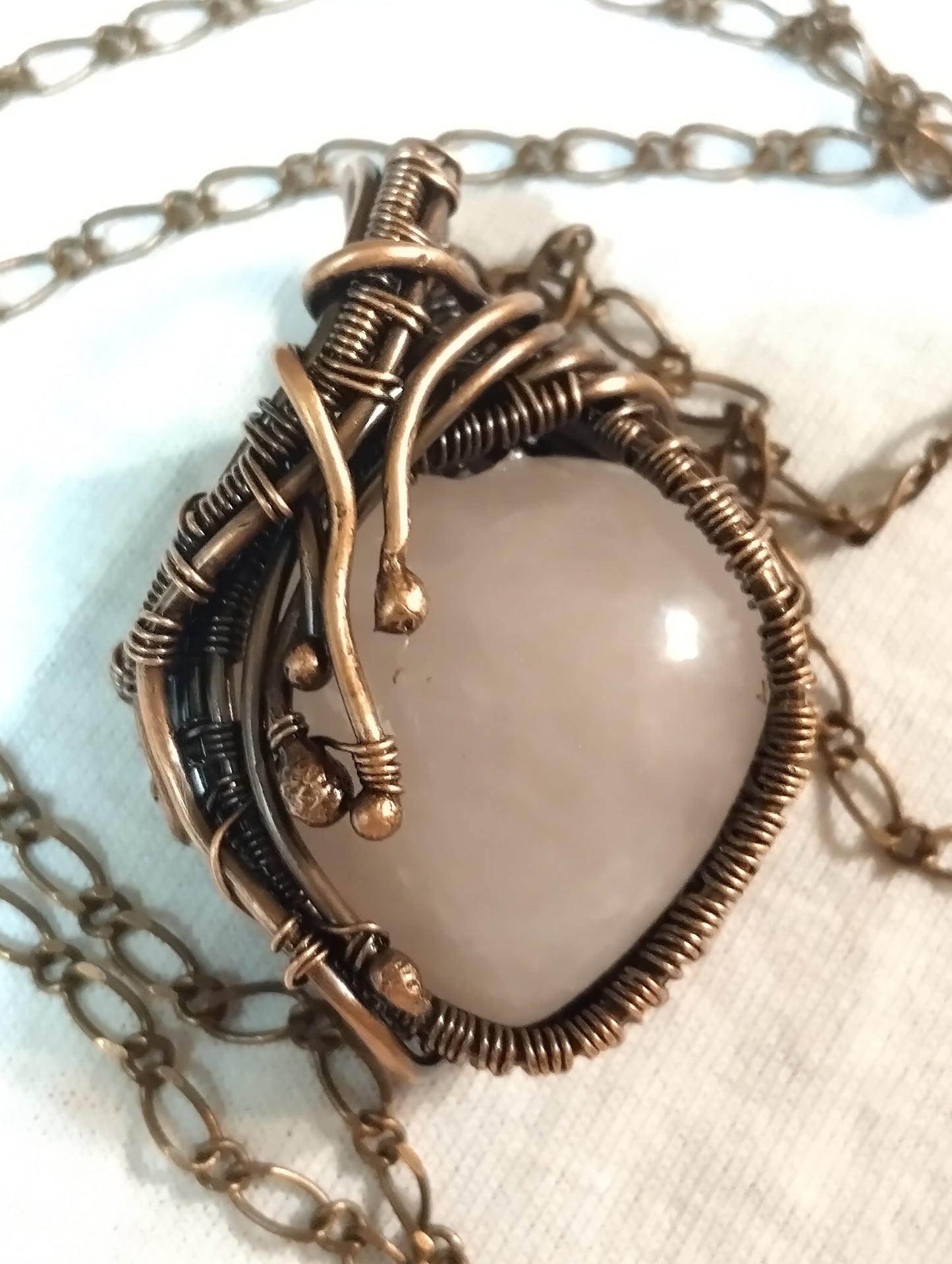 My Puffy Heart Natural Rose Quartz Heart Wrap Copper Pendant