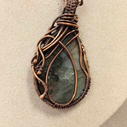 Labradorite Pendant Wrapped in a Woven Copper Bezel