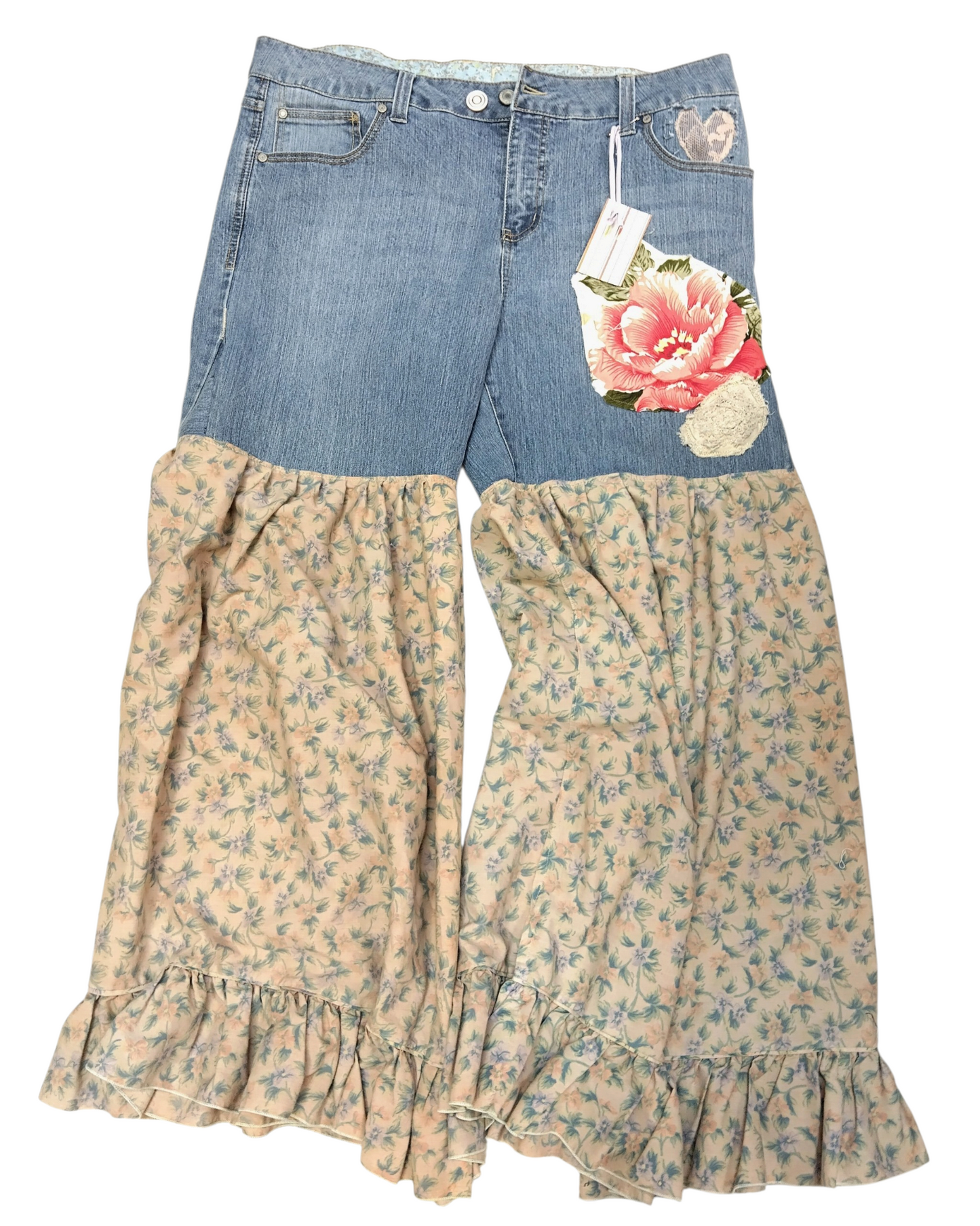 Upcycled Boho Festival Pants – Maurices Denim Top with Floral Wide-Leg Bottoms