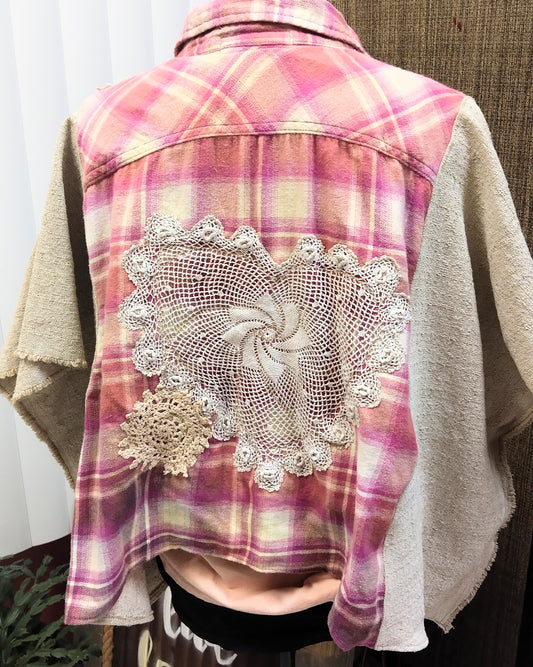 Upcycled Boho Flannel Shirt Jacket with Vintage Crochet Lace & Heart