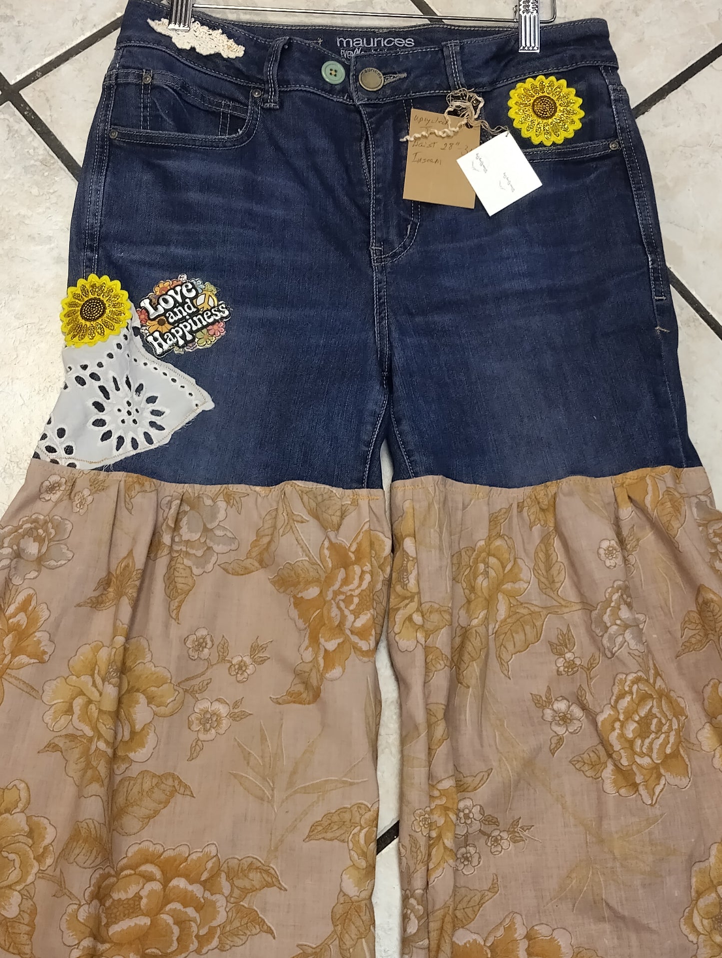 Upcycled Boho Festival Pants – Maurices Denim Top with Floral Wide-Leg Bottoms