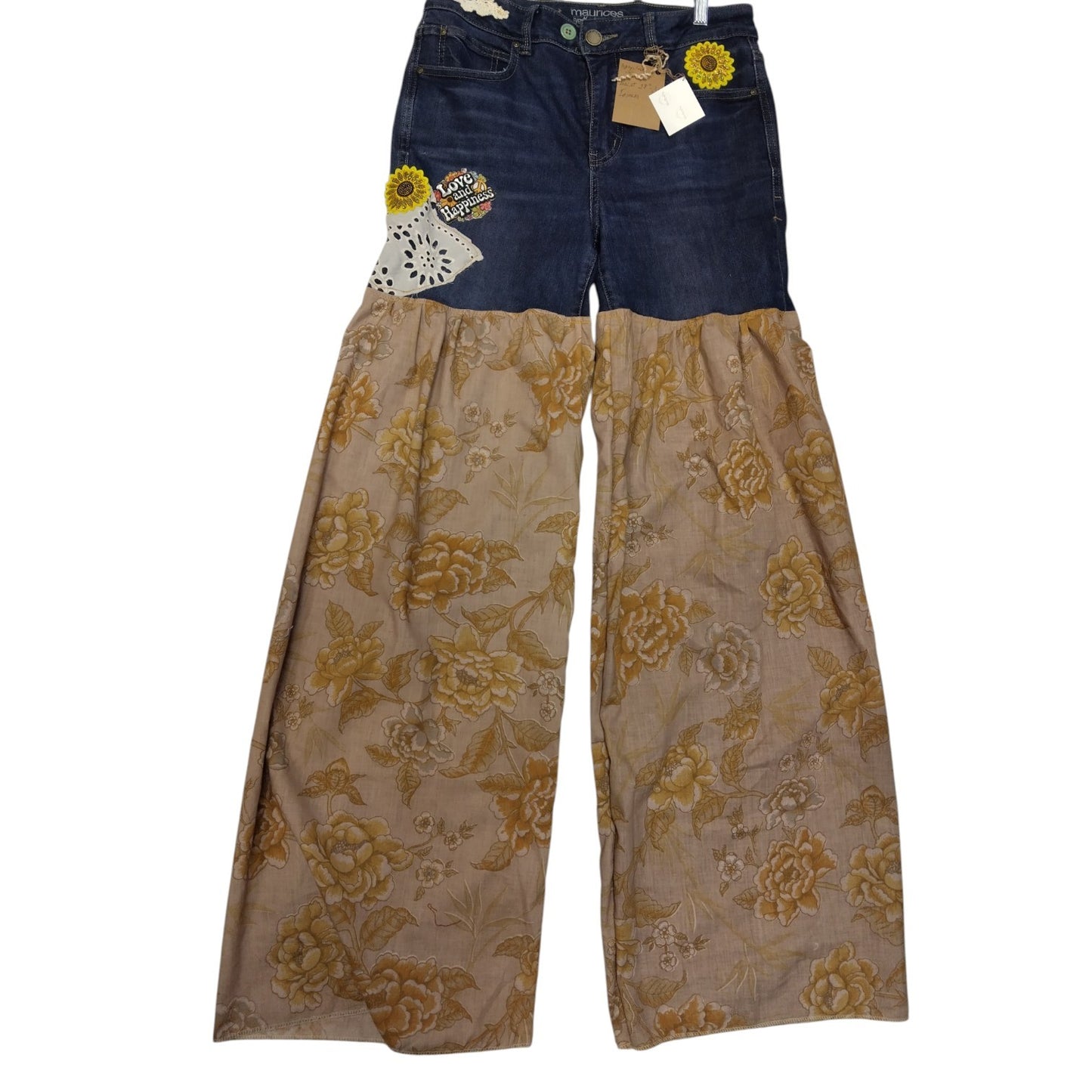 Upcycled Boho Festival Pants – Maurices Denim Top with Floral Wide-Leg Bottoms