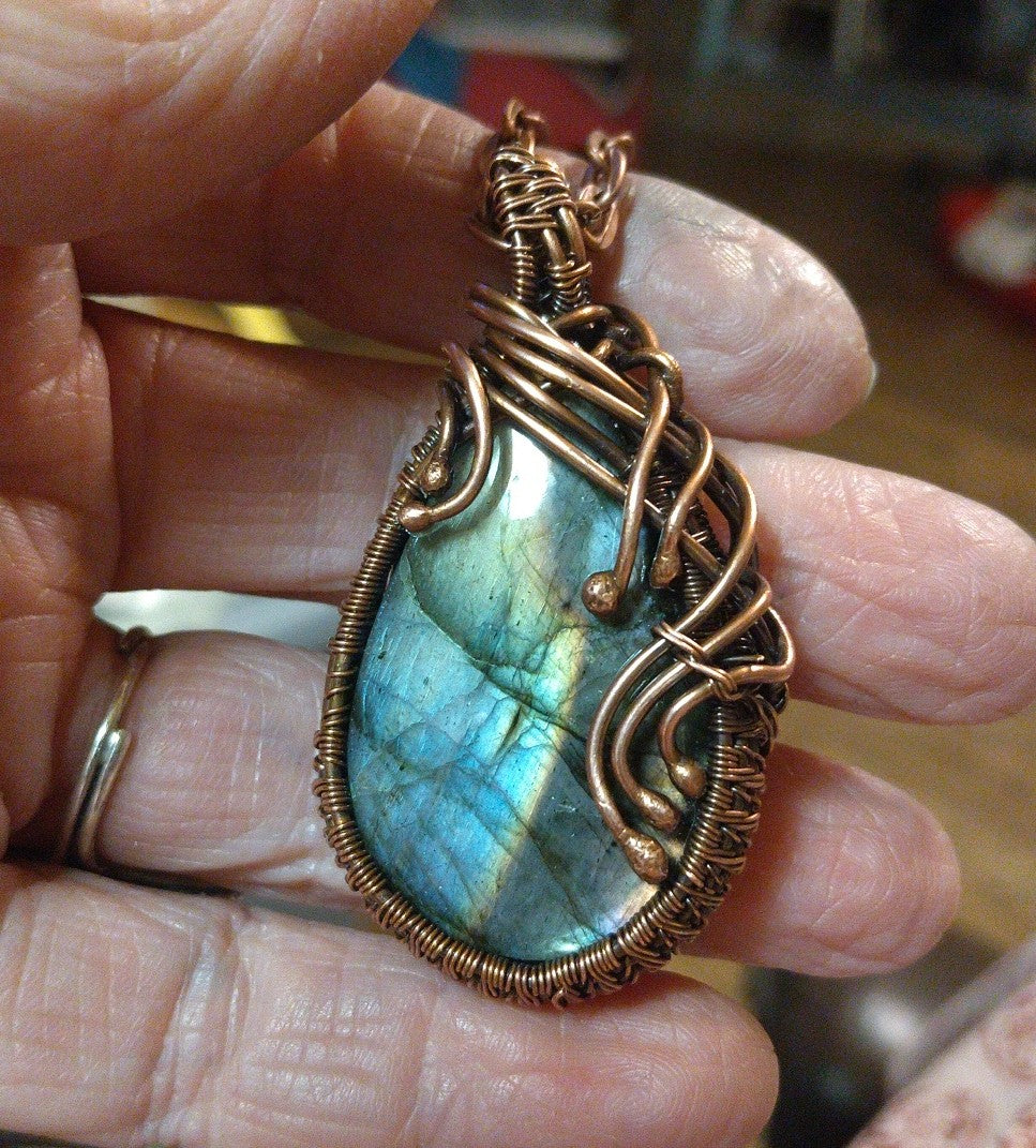 Labradorite Pendant Wrapped in a Woven Copper Bezel