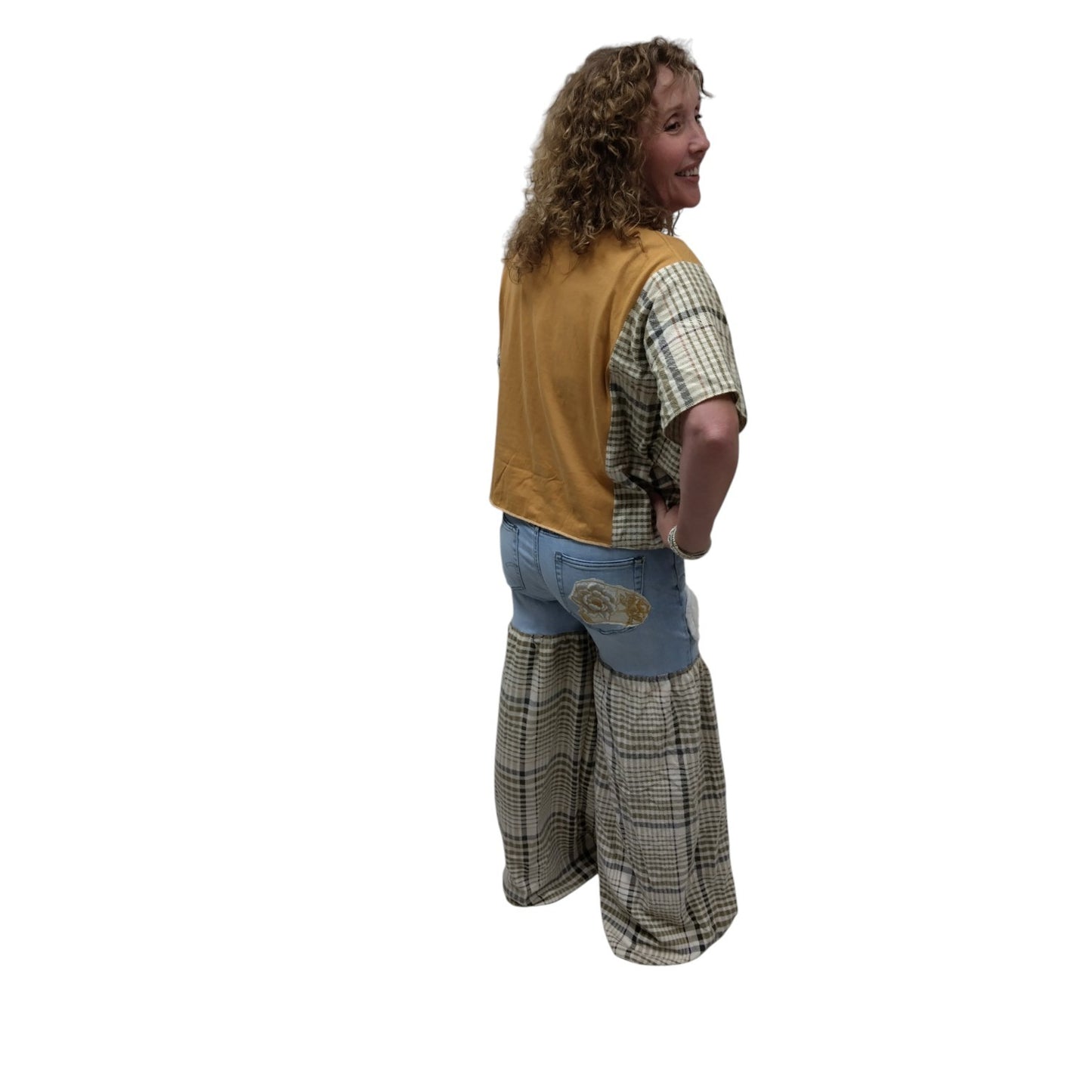 Upcycled Boho Festival Pants – Maurices Denim Top with Floral Wide-Leg Bottoms