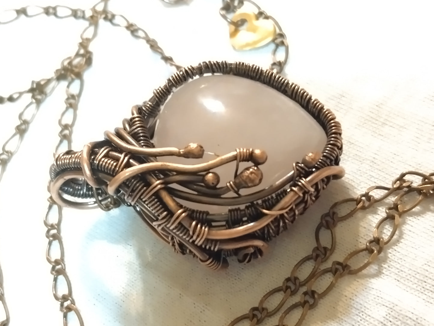 My Puffy Heart Natural Rose Quartz Heart Wrap Copper Pendant