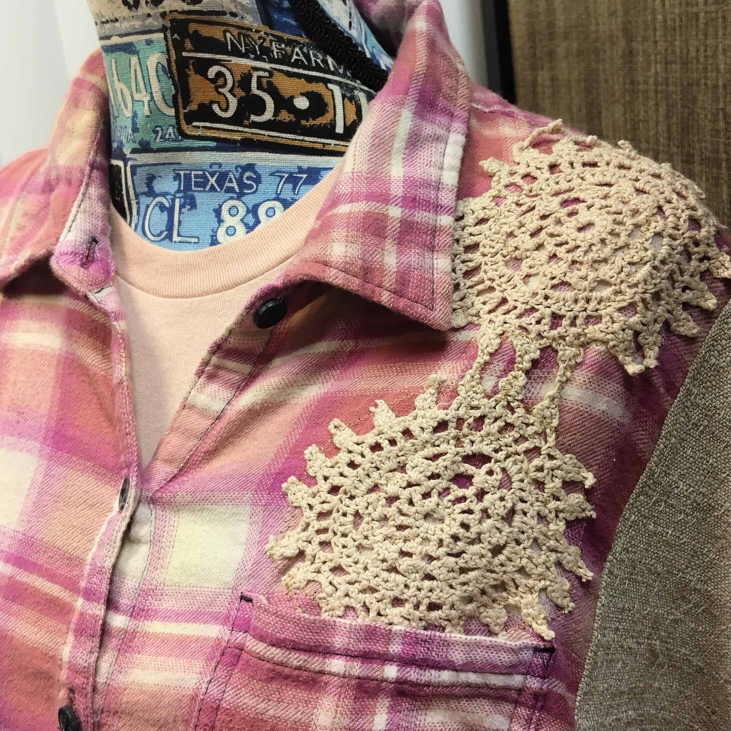 Upcycled Boho Flannel Shirt Jacket with Vintage Crochet Lace & Heart