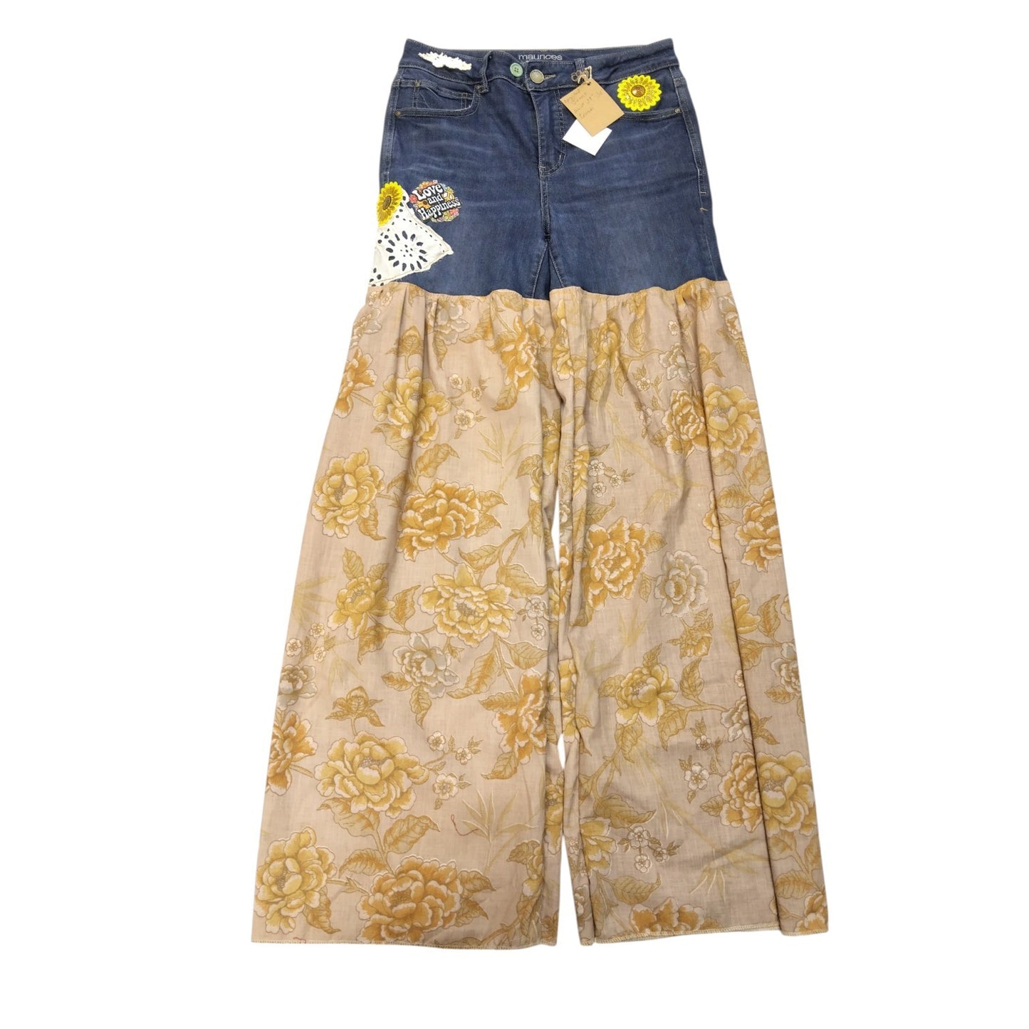 Upcycled Boho Festival Pants – Maurices Denim Top with Floral Wide-Leg Bottoms
