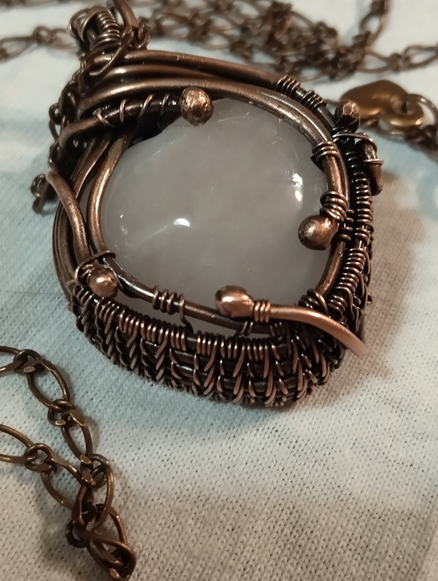 My Puffy Heart Natural Rose Quartz Heart Wrap Copper Pendant