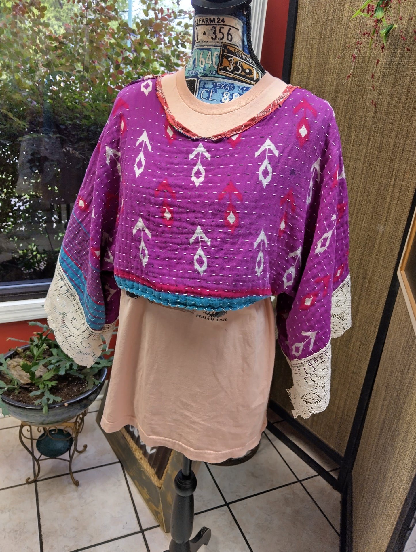 Reversible Upcycled Kantha Quilt Crop Poncho