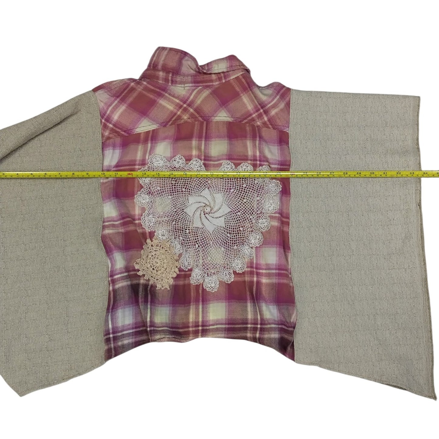 Upcycled Boho Flannel Shirt Jacket with Vintage Crochet Lace & Heart