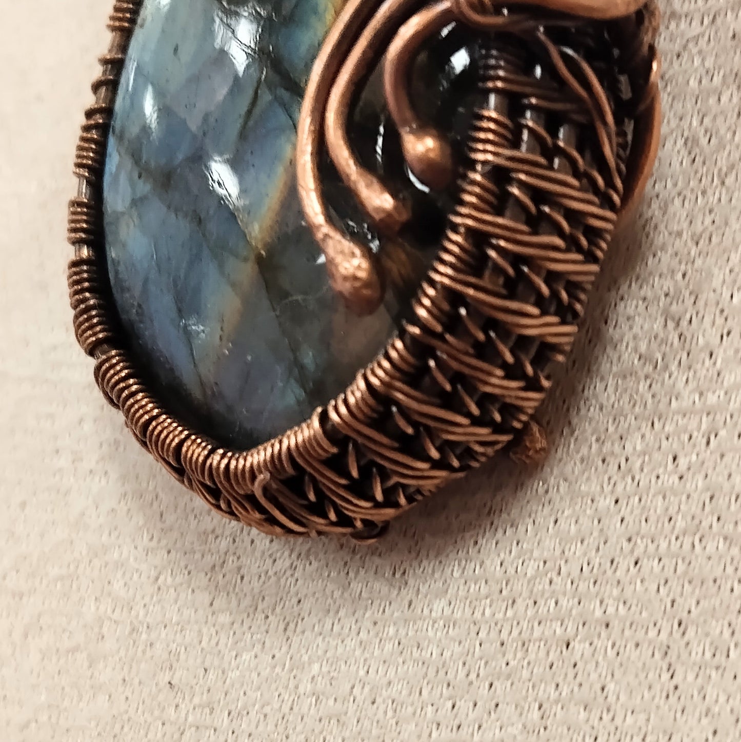 Labradorite Pendant Wrapped in a Woven Copper Bezel