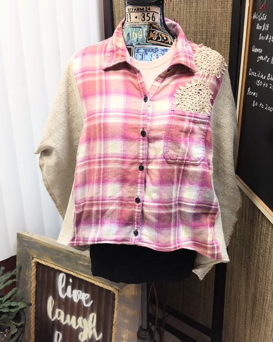 Upcycled Boho Flannel Shirt Jacket with Vintage Crochet Lace & Heart