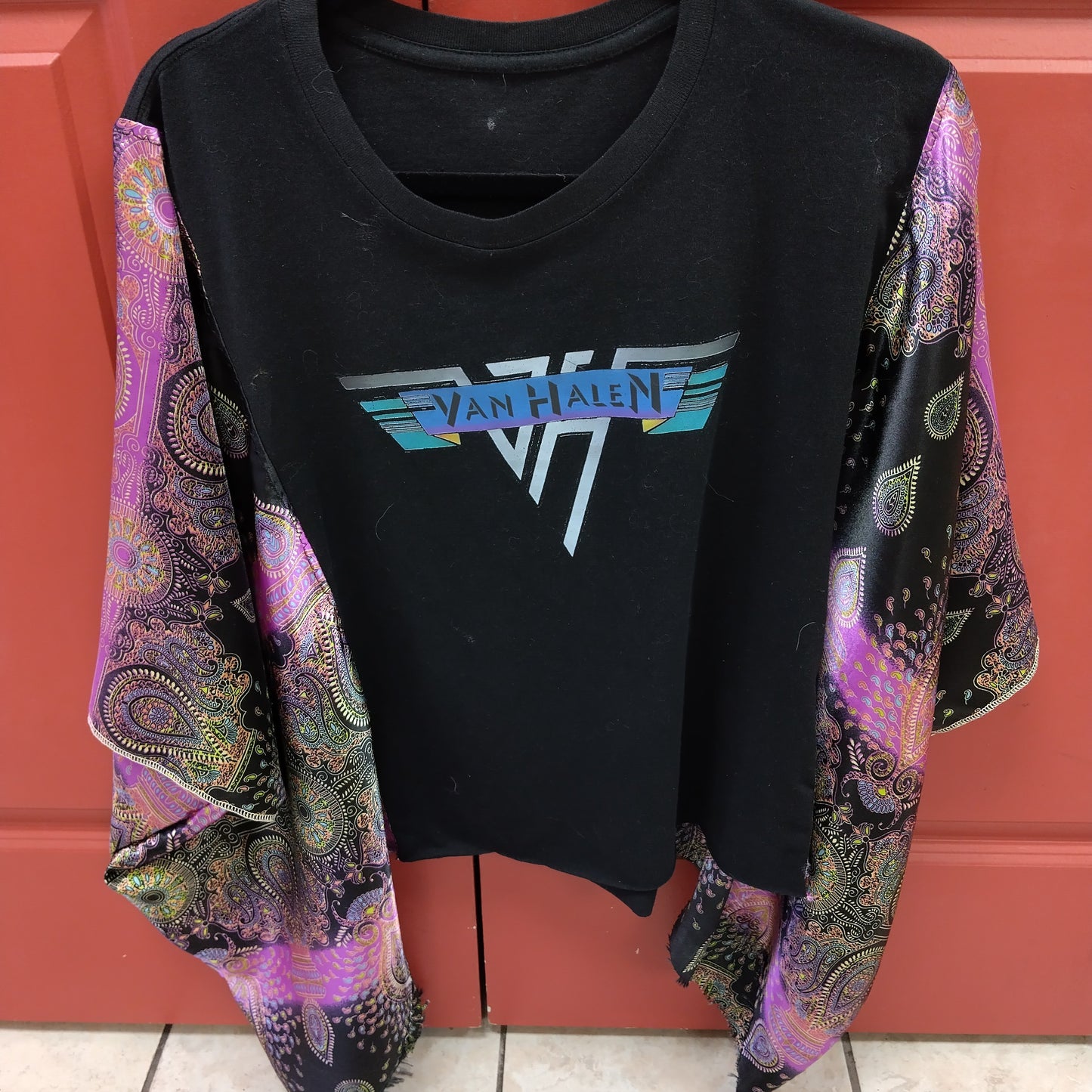 Custom Upcycled Van Halen Graphic Tee with Purple Paisley Batwing Sleeves